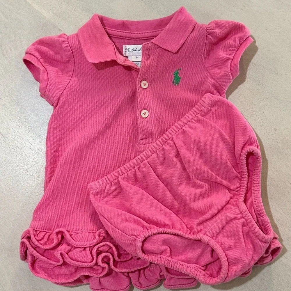 Ralph Lauren Pink Baby Polo Dress with Ruffles and matching Bloomers.